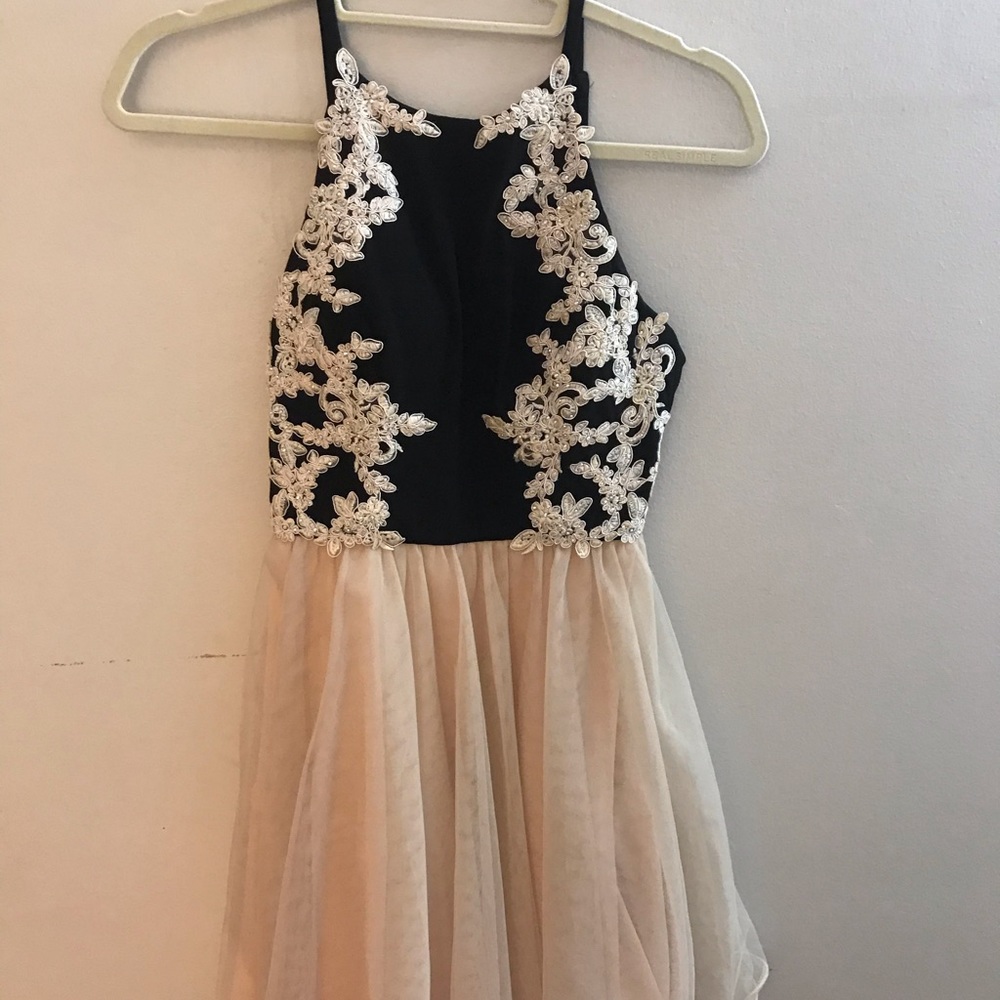 gorgeous tan and black detailed tool dress